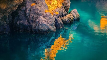 Poster - Serene rocky shoreline with a single rock glowing in the calm waters and reflections of the surrounding nature in the background