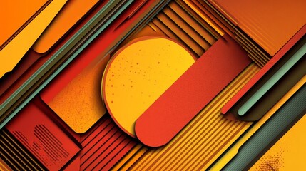 Poster - The background features a vibrant abstract design with shades of brown, mustard, orange, terracotta, amber, coral, peach, gold, and yellow, along with geometric shapes, lines, stripes, angles, and