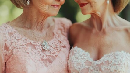 Poster - A close-up shot of two women dressed in matching pink dresses, standing and smiling at each other