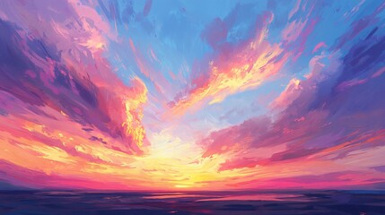 Poster - Captivating sunset with ethereal skies and vibrant clouds illuminated by high-key lighting creating a dreamy and tranquil evening scene
