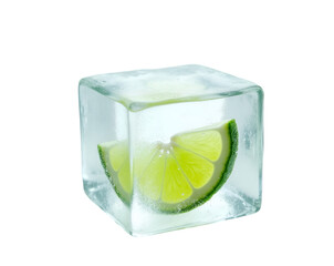 Poster - lime slice frozen within a crystal clear ice cube, a refreshing and visually striking image perfect 