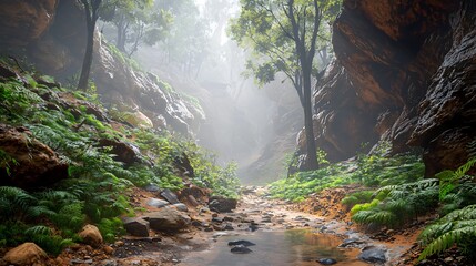 Poster - Peaceful stream flowing through a lush green forest surrounded by trees and foliage creating a serene and natural landscape setting