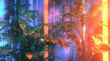 Poster - A striking plant positioned in front of a rainbow colored wall creating a stunning contrast in a sci-fi environment with a diffused glow