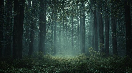 Poster - Enchanting forest scene with light filtering through towering redwood trees creating an atmosphere of peace and natural wonder