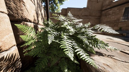 Poster - Resilient plant thriving on rocky surface amidst majestic fern-covered cliffs illuminated by volumetric light rays in a natural landscape