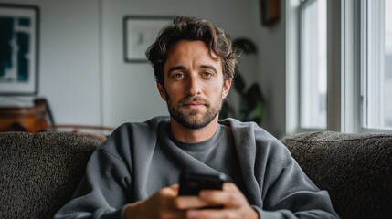 Aufkleber - A relaxed man enjoys his time on a comfortable couch, lost in the world of his mobile device. Sunlight filters through the nearby windows, enhancing the warm atmosphere