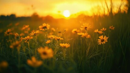 Poster - A serene landscape with a sunset behind a field of bright yellow flowers