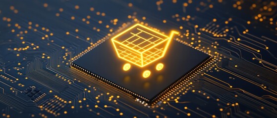 Poster - E-commerce, digital shopping, online retail, global market, technology, innovation, futuristic,  computer chip, 