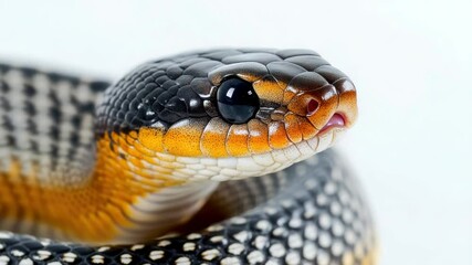 Poster - A close-up view of a snake's head and body on a white background, ideal for use in educational or scientific contexts