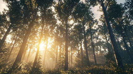 Poster - A breathtaking forest scene with warm sunlight streaming through the trees creating a dreamy atmosphere in a magical fantasy world
