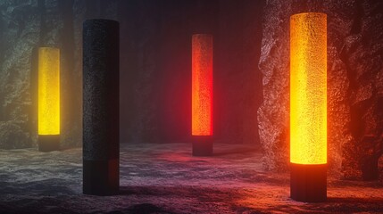 Poster - Three tall lamps illuminating a dark room with ambient light creating a dreamlike and surreal atmosphere of echoes and shadows