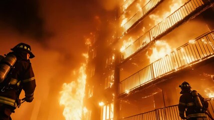 Poster - Firefighter stands outside burning building, ready to respond