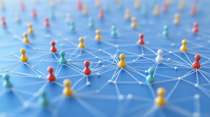 Poster - Background with a network of connected dots and lines, a social media concept for community building or marketing campaigns. 3D rendering illustration with copy space on a light blue backdrop.