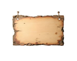 Poster - Rustic Wooden Sign Hanging by Twine, An Isolated Distressed Plaque with Rough, Irregular Edges for Custom Messages and Designs, perfect for adding Vintage Charm