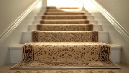 Poster - A set of stairs with a carpeted runner, suitable for use in interior design or architecture projects