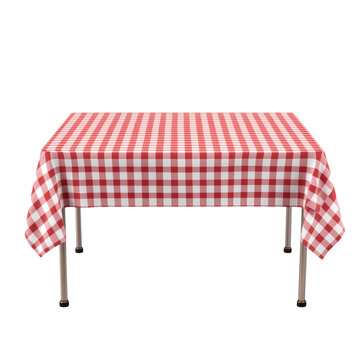 Red and white checkered tablecloth draped over a table against a plain setting