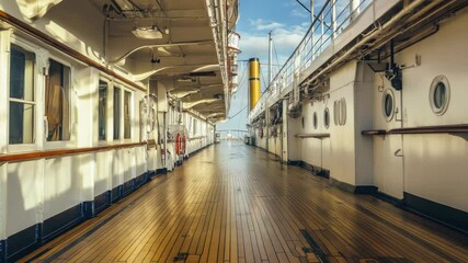 Poster - A long hallway on a cruise ship with wooden floors, great for travel or vacation scenes