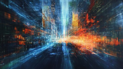 Poster - Conceptual abstract representation of digital transformation in the corporate sector, symbolizing the fusion of technology and business to drive growth and change