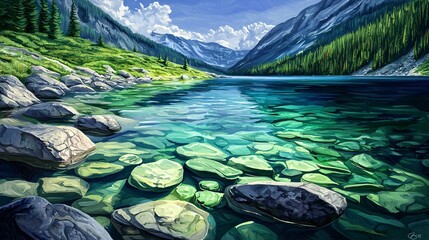 Poster - Serene mountain lake surrounded by majestic trees and rugged rocks under a dreamy sky with reflections on crystal clear water