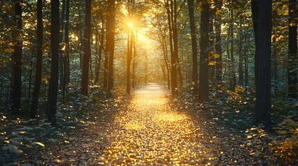 Poster - Enchanted pathway through lush green forest illuminated by golden hour light creating a magical and serene atmosphere in nature