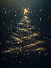Wall Mural - abstract gold glitter particles christmas tree with star on dark background