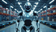 © f_bossa - A futuristic, humanoid robot stands centered in a vast warehouse, illuminated by bright overhead lights and surrounded by rows of storage shelves.