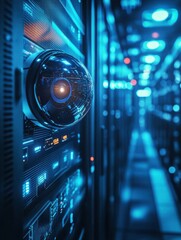 Poster - Security camera monitor in data center with blue lights, high-tech environment.