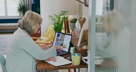 Poster - Senior woman, laptop and digital marketing in remote work and writing, strategy or ideas at home office. Elderly female person or creative designer on computer taking notes in book for web research