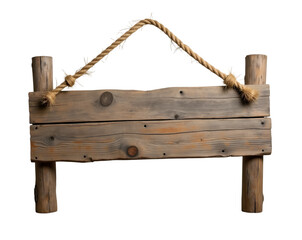 Poster - Weathered wooden signpost with rustic charm and natural rope hanger, conveying a sense of vintage simplicity and handcrafted appeal against a plain backdrop