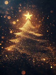 Wall Mural - abstract gold glitter particles christmas tree with star on dark background