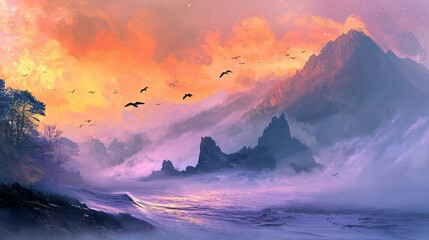 Poster - Stunning mountain scene with birds flying over crystal clear water in a captivating mythical landscape of celestial migration