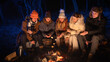© kinomaster - Friends sitting around a campfire in the woods on a winter evening