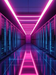 Poster - A sleek server room with neon lights and a shiny floor reflects a high-tech, futuristic ambiance.
