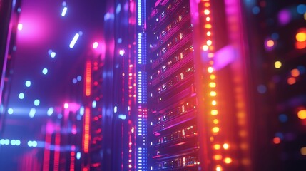 Poster - Vibrant close-up of server racks glowing with pink, red, and orange lights in a futuristic environment, ideal for AI, data visualization, tech innovation, and digital security