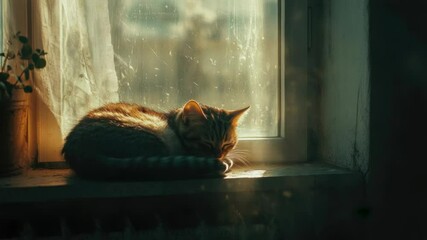 Aufkleber - A cat lounges on a windowsill next to a potted plant, perfect for an interior design or pet photography project