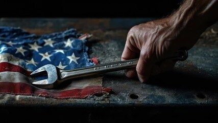 Poster - A hand holds a wrench on top of the American flag, a symbol of patriotism and hard work