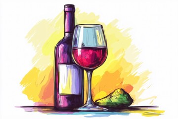 Aufkleber - a watercolor style illustration of a wine bottle and a glass of red wine with a pear nearby