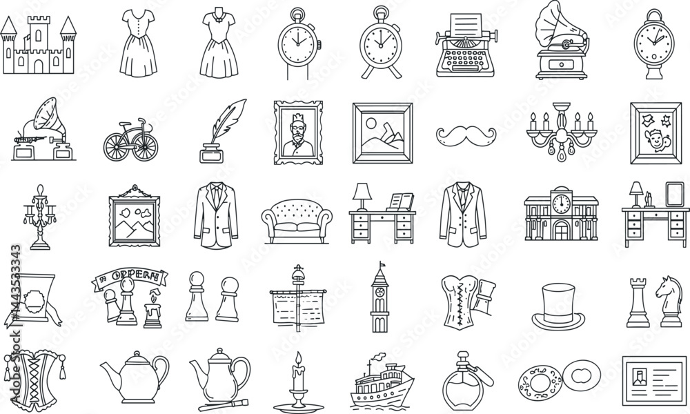 เวกเตอร์ Stock Victorian Era line icon set. Vector pictograms of 19th ...