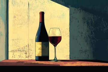 Aufkleber - a bottle of wine and a glass of red wine sitting on a table in front of a wall with light shining on