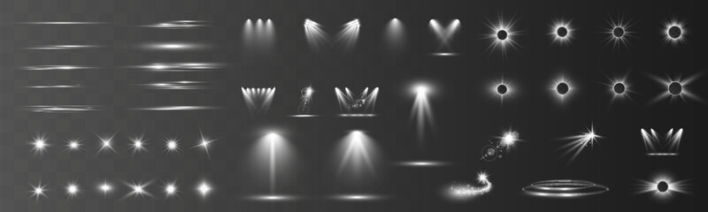 Poster - Set of light spotlight effects.Lens flare, explosion,sparkle, dust,line,solar flare, spark and stars.	
