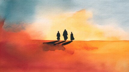 Fototapete - Road to Emmaus. Christian art of the Road to Emmaus, simplified figures on open path with warm sky tones.

