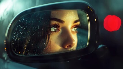 Poster - A woman looks at her reflection in a rear view mirror, likely on the go or traveling