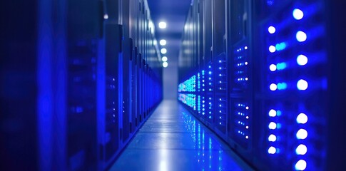 Aufkleber - Close-up perspective of a glowing blue server aisle with high-tech racks and soft lighting, ideal for visuals related to cloud computing, cybersecurity, or digital systems