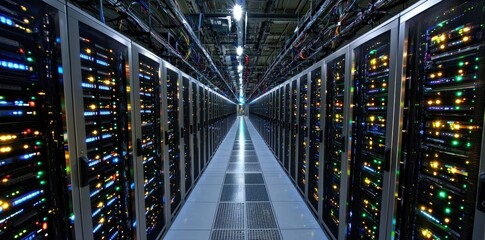 Aufkleber - High-tech data center with long symmetrical server racks and colorful glowing lights, ideal for showcasing modern infrastructure, IT systems, or digital technology concepts