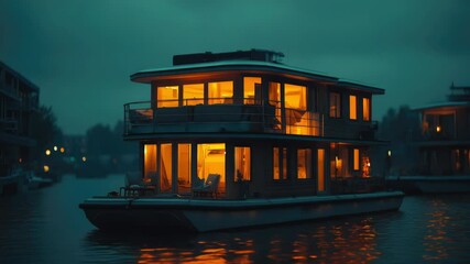 Poster - A houseboat floating on calm waters at nighttime, ideal for use in travel or adventure concepts