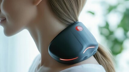 Poster - A person relaxing with a neck massager on their neck, great for wellness and self-care images