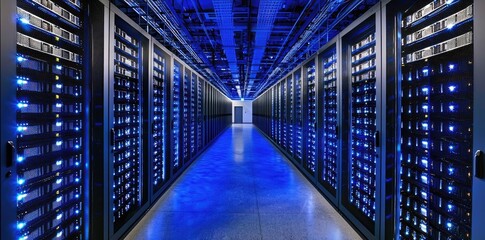 Aufkleber - Symmetrical hallway of glowing blue servers in a high-tech facility with reflective floors and structured ceiling grids, ideal for cloud, IT, or digital infrastructure content