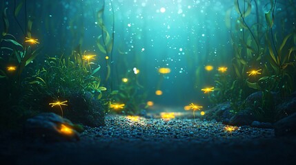 Poster - Magical forest with glowing lights creating a mesmerizing twilight scene filled with wonder and beauty in a subaquatic setting