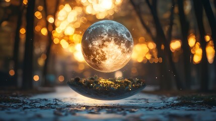 Poster - Mystical moonlight filtering through the trees in a peaceful wooded area creating an enchanting atmosphere of natural beauty