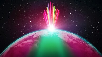 Poster - Enigmatic planet surrounded by a bright light emitting from its center creating a stunning cosmic display against the dark space background